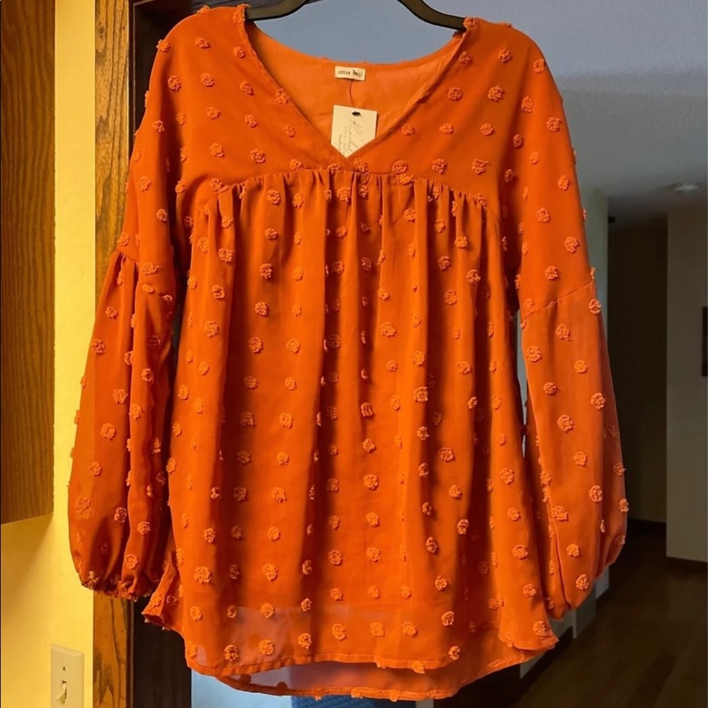 Boutique Rust Colored Blouse with Swiss Dots, small